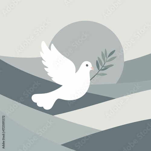 Minimalistic vector illustration celebrating International Day of Non-Violence with dove, peace hand sign, globe, heart symbols, and abstract harmony shapes in flat solid colors.