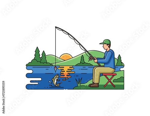 Vector illustration Man fishing at a tranquil lake, sunset backdrop, fish jumping. Captures outdoor hobbies, relaxation, and nature's leisure