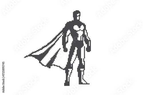 Pixelated superhero stands powerfully while his cape billows in the wind, presented on a white background