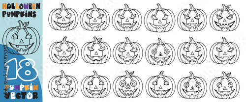 Collection of 18 unique hand drawn black and white halloween pumpkin outlines for coloring and crafting projects