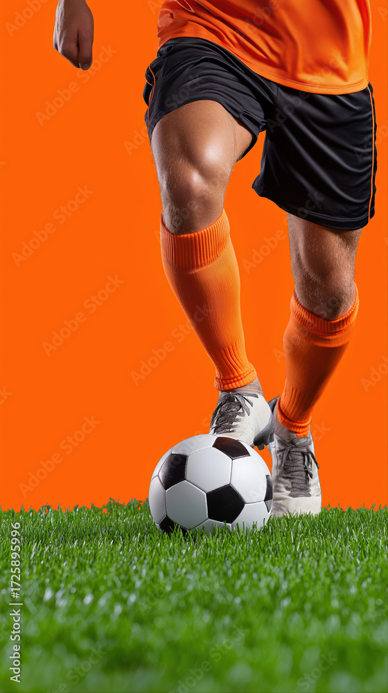 Fototapeta premium Male soccer player dribbling ball on grass field in orange uniform