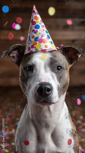 Adorable dog wearing colorful party hat surrounded by confetti celebration