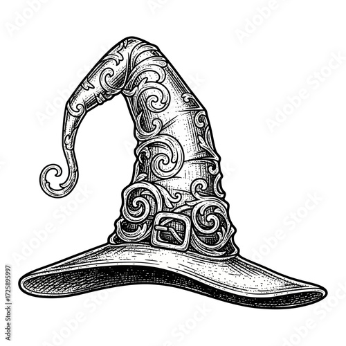 Ornate Witch Hat Engraving Illustration