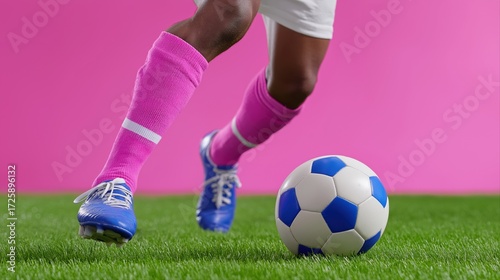 African young male soccer player kicking ball on grass against pink background