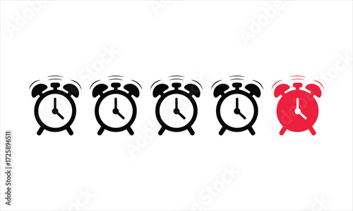 Minimalist illustration of alarm clock icons with black and red design on white background