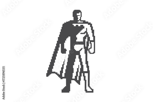 Pixelated superhero with flowing cape stands proudly against a white backdrop in monochromatic simplicity