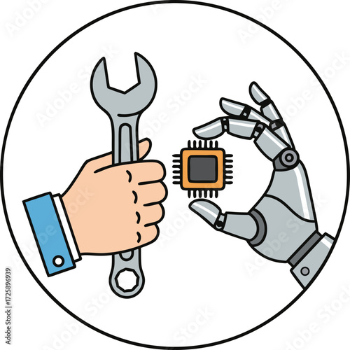 Replacing manual labor with technology: a human hand holding a wrench and a robotic hand holding a microchip as a metaphor for the future of automation.