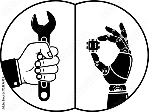 Replacing manual labor with technology: a human hand holding a wrench and a robotic hand holding a microchip as a metaphor for the future of automation.