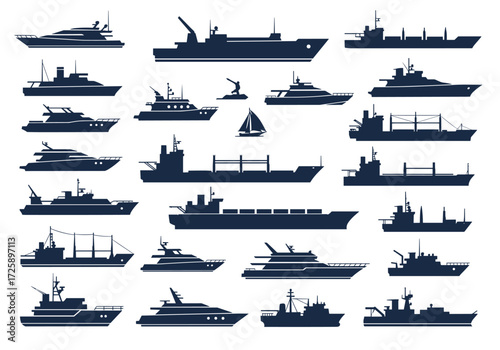 A collection of diverse naval vessels and yachts of various types.