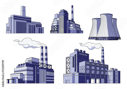 Collection of industrial power plants emitting steam.