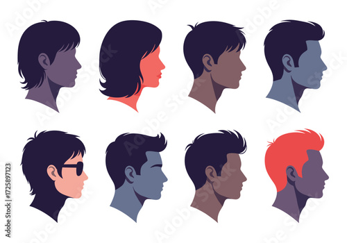 A diverse collection of pixel art human head silhouettes in profile view.