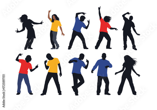 A collection of ten diverse people dancing joyfully together in silhouette.