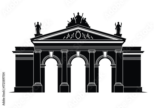 Historic neoclassical archway with ornate sculptures and multiple arches.