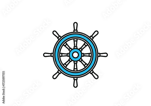 An ornamental nautical ship wheel with a teal blue rim and spokes.