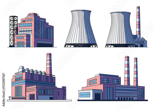 Industrial power plants and cooling towers in pixel art style.