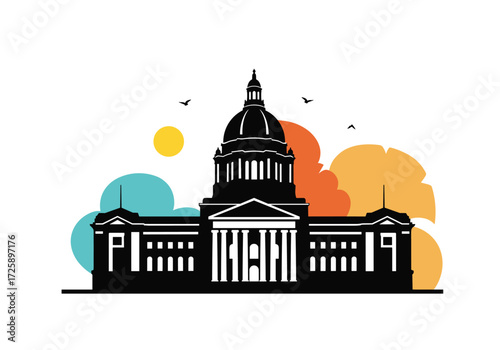 A colorful abstract depiction of a grand government building.