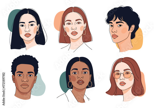 A diverse group of people with distinct features and hairstyles.