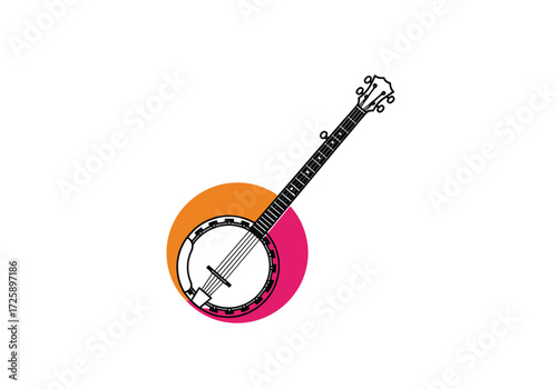 A stylized illustration of a banjo with a colorful circle in the background.