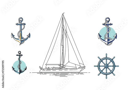 A sailboat and nautical anchors and a ship's wheel are depicted.