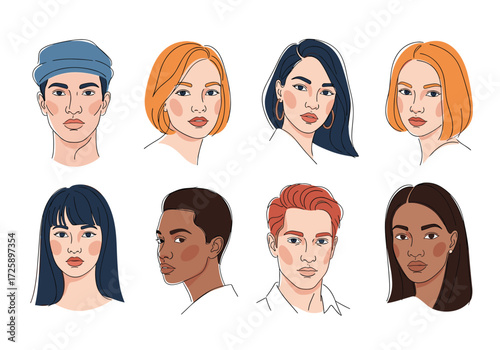 Collection of eight diverse artistic portraits in various skin tones and hairstyles.