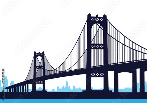 A silhouette of a large suspension bridge spans across the water against a backdrop of a city skyline.