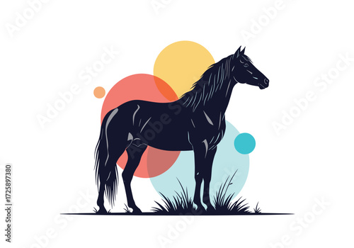 A dark silhouette of a horse standing in tall grass with colorful circles behind it.