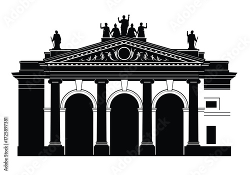 A grand neoclassical building with columns arches and statues.