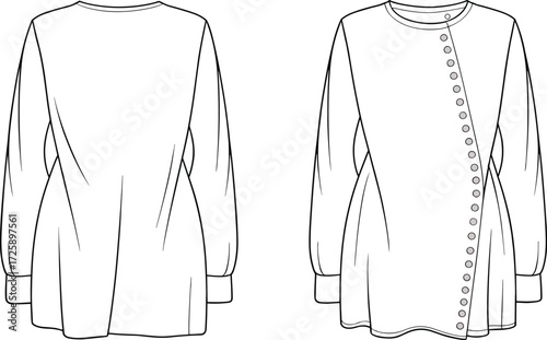 Vector fashion technical flat sketch of women tunic dress with long sleeves, flared silhouette, asymmetrical button placket, pleated waist detail illustration