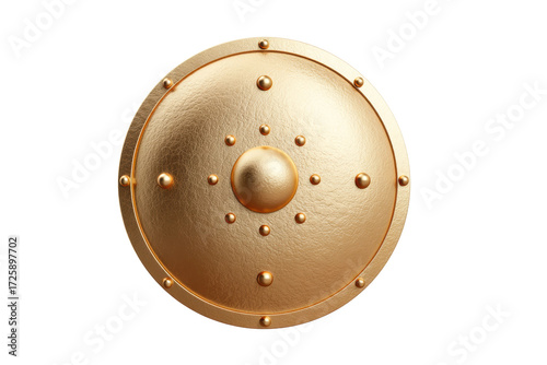 Golden medieval shield with rivets and central boss design, cut out