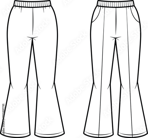 Vector fashion technical flat sketch of women flared pants with elastic waistband, front pockets, seam detailing, wide leg silhouette illustration design