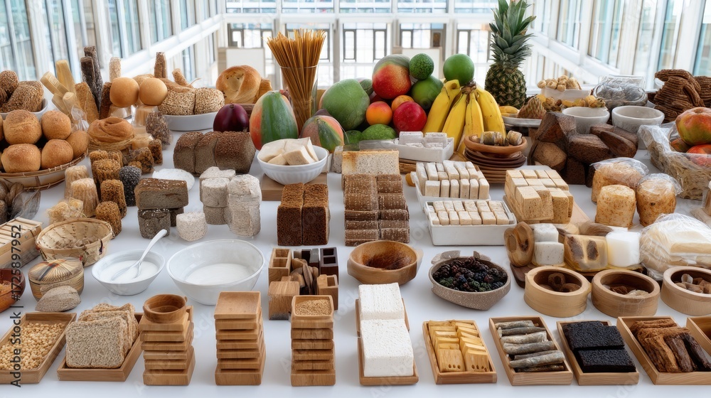 Fototapeta premium Various types of natural food items are arranged on a table, featuring fruits, snacks, and desserts, all in a sunlit environment