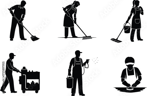 Cleaning service workers, janitorial staff, housekeeping team, hygiene maintenance, sanitation professionals, floor sweeping, mopping, spraying disinfectant, workplace cleaning, housekeeping icons