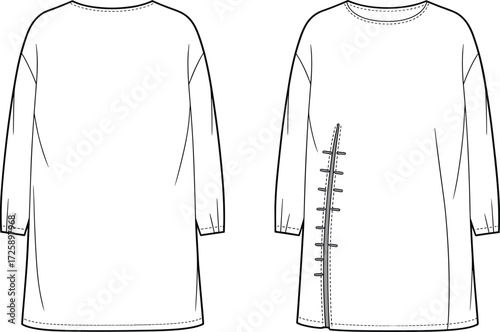 Vector fashion technical flat sketch of women tunic top with three quarter sleeves, round neckline, asymmetrical toggle closure, casual garment illustration