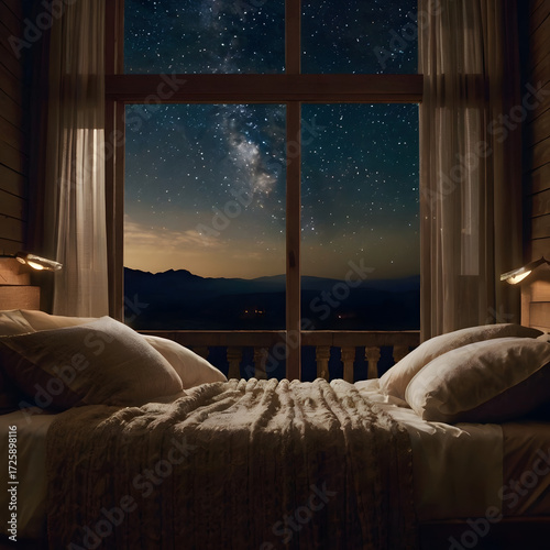 Starry Night Serenity Luxurious Bedroom Retreat with Balcony View and Warm Cozy Ambiance for Relaxation