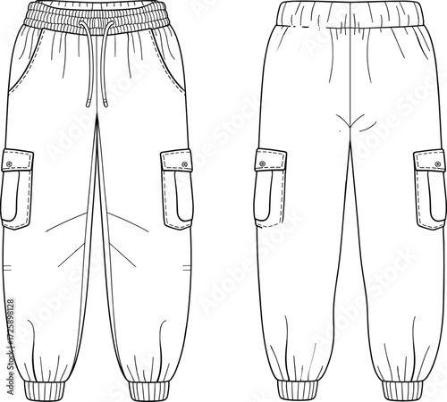 Vector fashion technical flat sketch of cargo jogger pants with elastic waistband, drawstring, side pockets, flap cargo pockets, tapered ankle cuffs illustration