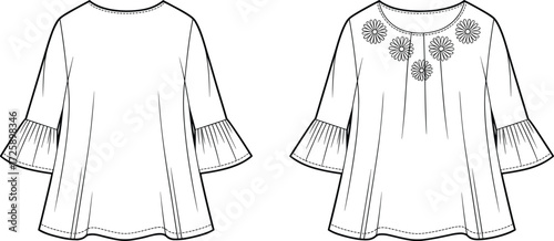 Vector fashion technical flat sketch of women blouse with puff short sleeves, wide pointed collar, button front placket, flared hem design illustration