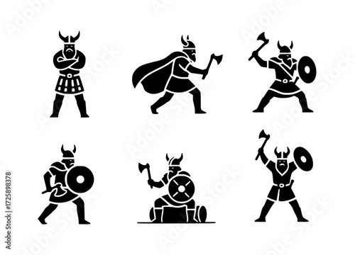 Six stylized silhouettes of formidable Vikings in various action poses