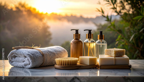 Zero Waste Bathroom Essentials on Marble Shelf. Vegan Lifestyle. Generated Image