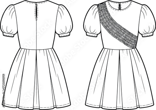 Vector fashion technical flat sketch of women dress with puff short sleeves, round neckline, fitted bodice, gathered skirt, diagonal pleated detail illustration