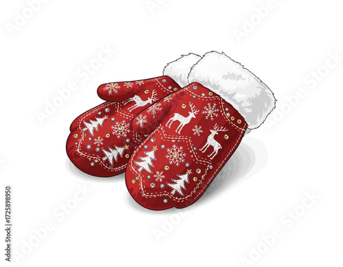 Detailed vector illustration of warm red Christmas mittens featuring a festive Nordic pattern with reindeer, snowflakes, and fir trees on a white background