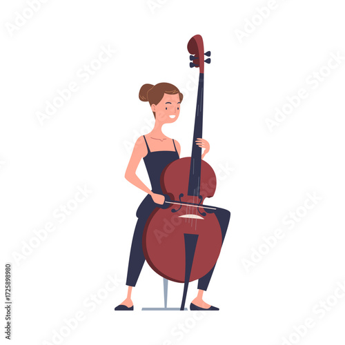 Woman Musician Character Play Cello Musical Instrument Sitting on Stage Vector Illustration