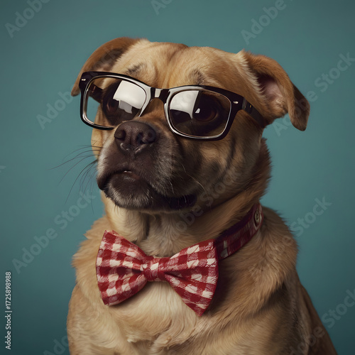 A Dapper Dog Portrait with Glasses and Bowtie Captivating Canine Charm in a Studio Setting Expressing Sophistication
