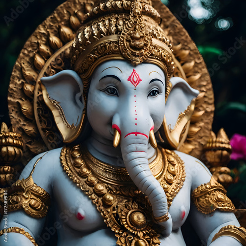 Majestic Ganesha Statue in Gold and White, Richly Decorated, Capturing Divine Elegance and Cultural Artistry, Creating a Visually Stunning Religious Representation