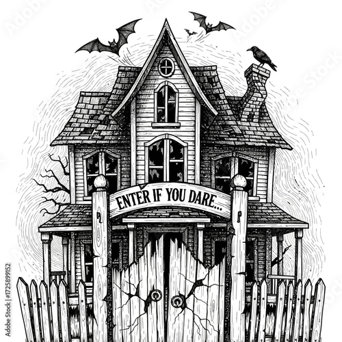 Haunted House Horror Ink Illustration