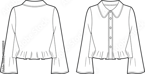 Vector fashion technical flat sketch of women blouse with Peter Pan collar, button front closure, wide sleeves, gathered peplum hem illustration