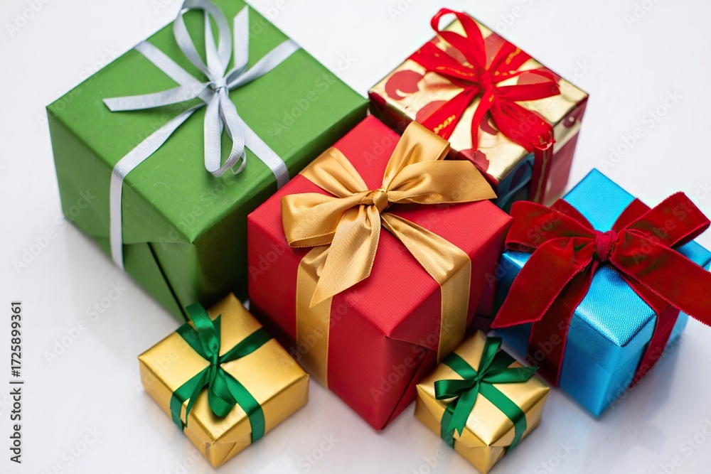 Fototapeta premium Colorful gift boxes with ribbons and bows arranged together.