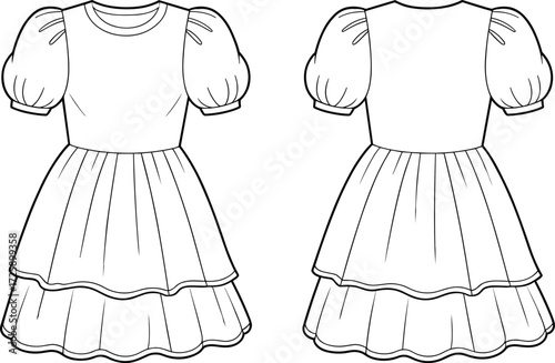 Vector fashion technical flat sketch of tiered dress with puff short sleeves, round neckline, fitted bodice, ruffle hem layered skirt illustration