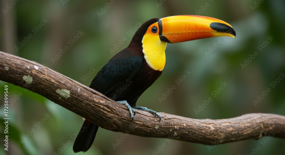Fototapeta premium Chestnut-mandibled Toucan perched on a branch in a tropical rainforest environment with its striking colors