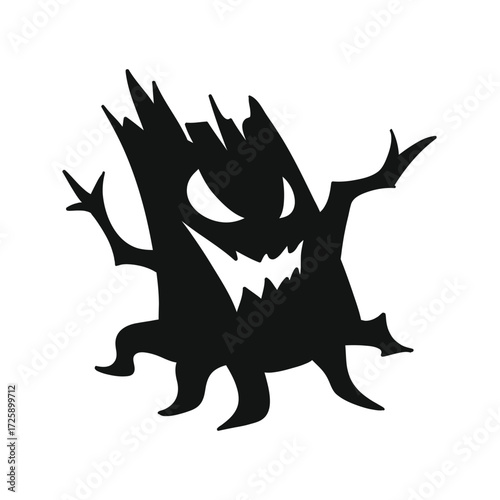 Spooky silhouette of a frightening tree monster with jagged branches and a menacing grin