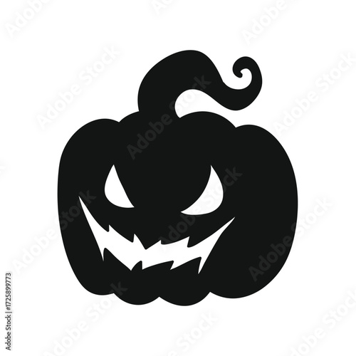 Spooky black silhouette of a carved halloween pumpkin with a wicked grin and glowing eyes